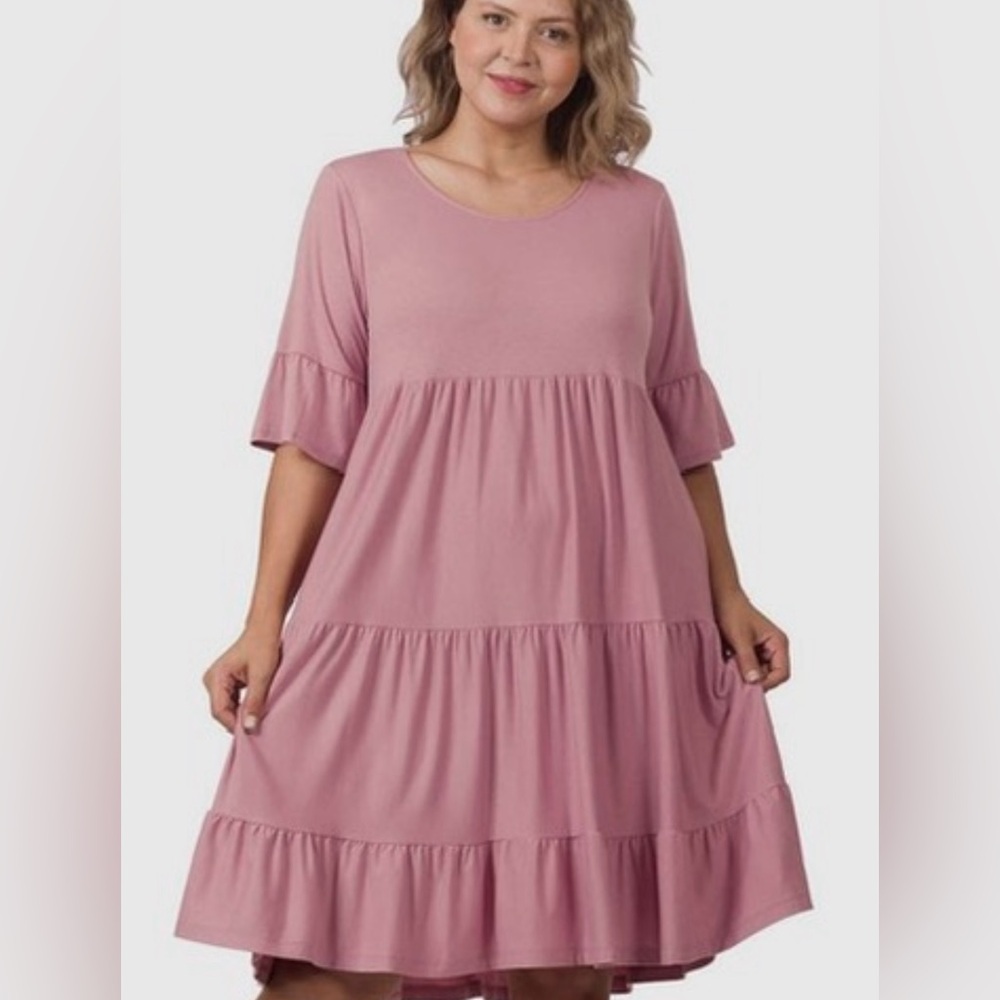 Plus Zenana Pink Smocked Midi Sundress with Bell Sleeves